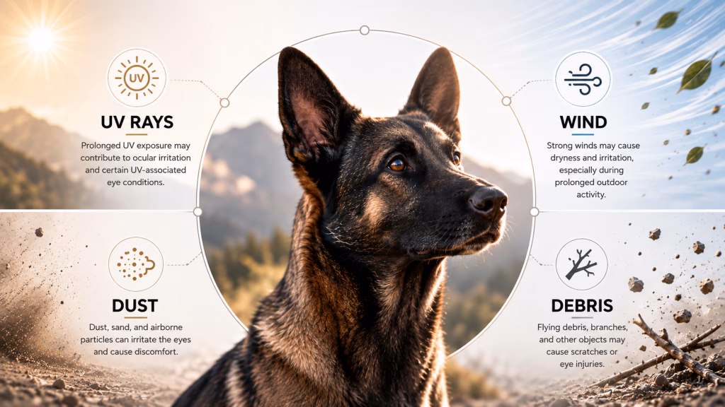 Outdoor hazards to dog eyes including UV rays, wind, dust, and debris