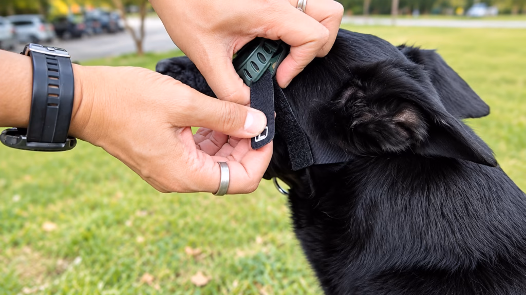 Close-up of a person adjusting the black side strap of ANN BLACK dog goggles beside a black dog's ear.